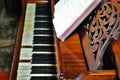 Old worn out piano close up of missing keys