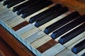 Old worn out piano close up of missing keys