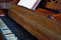 Old worn out piano close up of missing keys