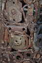 Old, worn, rough mechanical gears made of rusty metal. Design minimalism. Iron composition.