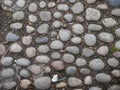 Old worn round cobblestones on a walkway.