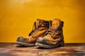 Old worn Rugged Leather Work Boots on Orange Backdrop