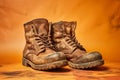 Old worn Rugged Leather Work Boots on Orange Backdrop