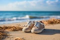 Old worn sneakers on the beach by the blue sea. Summer vacation concept by the sea. Lifestyle travel. Generative AI Royalty Free Stock Photo