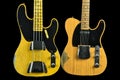 Old and worn vintage electric guitar and bass in 1950s style - musical instrument