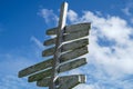 Old worn and weathered wooden sign post pointing in multiple different directions with blue sky background.