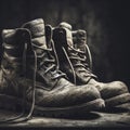 old worn work boots on dark background. ai generative Royalty Free Stock Photo