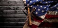 Old and worn work tools on large American flag - Labor day background Royalty Free Stock Photo