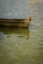 Old wrecked boat submerged in lake