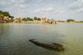 Old wrecked boat submerged in lake