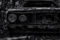 Old wrecked car in black and white scene. Abandoned rusty car in the forest. Closeup front view of decayed and rusty wrecked car Royalty Free Stock Photo