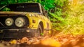 Old wrecked car in vintage style. Abandoned rusty yellow car in the forest. Front view headlights of rusty wrecked abandoned car Royalty Free Stock Photo