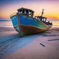 An old wrecked fishing boat rides on a deserted An abandoned wooden