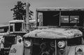 Old wrecked white and green truck. Abandoned rusty military truck. Decayed abandoned truck. Tragedy and loss. Financial crunch and