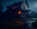 Old wrecked wooden house but still with dwellers. Creepy shack cottage alone in the night on rainy weather. Generative AI