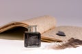 Old writing feather and ink spot with handwritten letter Royalty Free Stock Photo
