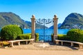 Old wrought iron gate overlooking Lake Lugano in Ciani Park, Lugano, Switzerland Royalty Free Stock Photo