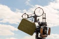 Old ww2 anti-aircraft machine gun. Close-up front view with cannon aim against clear blue sky Royalty Free Stock Photo