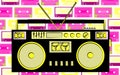 Old yellow and black retro vintage antique hipster obsolete cassette music audio tape recorder on a background of purple music aud