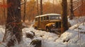 Old Yellow Car In Snowy Wood Painting