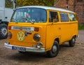 Vintage old yellow camper VW Transporter van at a car show Royalty Free Stock Photo