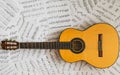 Old classical guitar lying on sheet music Royalty Free Stock Photo