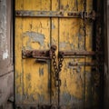 Old yellow door with rusty chain and padlock, vintage style. Royalty Free Stock Photo