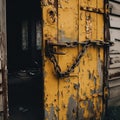 Old yellow door with rusty chain and padlock, vintage toned Royalty Free Stock Photo