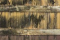 A Old yellow gray wooden fence with black spots of mold and dirt. vertical and horizontal lines. rough surface texture Royalty Free Stock Photo