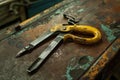 Old yellow handle tin snips resting on workbench Royalty Free Stock Photo