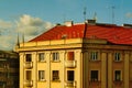 old yellow stucco residential apartment building exterior elevation and street detail in Zagreb Royalty Free Stock Photo