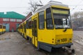 Old yellow Tram in depo Almaty, Kazakhstan Royalty Free Stock Photo