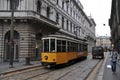 Old yellow tram in Milan street.