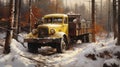 Hyperrealistic Painting Of An Old Yellow Truck In A Snowy Forest Royalty Free Stock Photo