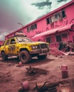 an old yellow truck parked in front of a pink building Royalty Free Stock Photo