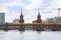 U-Bahn train, Oberbaum Bridge and Spree River in Berlin Royalty Free Stock Photo