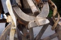 Old yoke for harnessing draft horses used on a farm. Accessories in an old stable