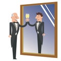 Old and young man in mirror with champagne