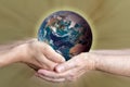 old and young person hands holding planet earth, unity concept. elements of this images furnished by nasa