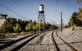 Olde town arvada Colorado water tower and train tracks