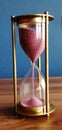 An olden aged sand clock with pink pigmented sand