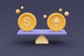 olden coin with Ethereum and dollar sign on a balance scale,Business, finance or currency exchange .3d rendering
