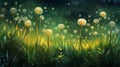 olden dandelions glowing against a rich, textured background of green grass