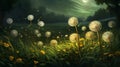 olden dandelions glowing against a rich, textured background of green grass