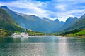 Norway fjord landscape and cruise ships in Olden