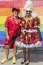 2018: An older couple dressed up and attending the Gay Pride parade also known as Christopher Street Day CSD in Munich, Germany