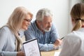 Older couple reading contract at meeting with real estate agent