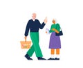 An older couple with a shopping basket chooses goods and daily supplies. Buying food in a grocery store. Royalty Free Stock Photo
