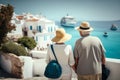 Older couple tourists looks at sea among traditional Greek white houses in summer, back view. Ai generated