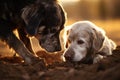 an older dog teaching a younger one how to dig Royalty Free Stock Photo